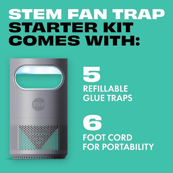 STEM Flying Insect Fan Trap for Indoor Bug Control, Attracts Mosquitoes, Fruit Flies, and House Flies, Plug-in Fan with UV Light, Starter Kit Includes 1 Device and 5 Glue Traps