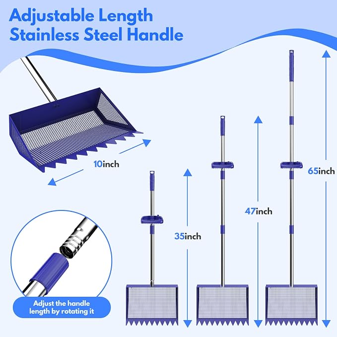 Chicken Poop Scooper Rake 2-in-1,304 Stainless Steel Shovel Head, Chicken Litter Scoop with Handle for Chicken Coop for Sand, Pet Waste Cleaning, Litter Sifting Shovel (35 to 65")