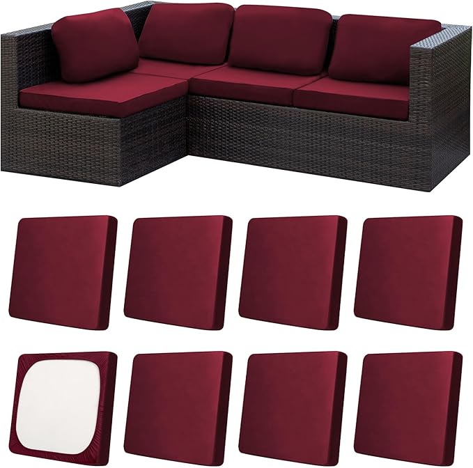 8Pcs Patio Cushion Covers,Outdoor Cushions Covers,Stretch Cushion Covers Replacement, Washable and Reusable Furniture Protectors(Wine Red)