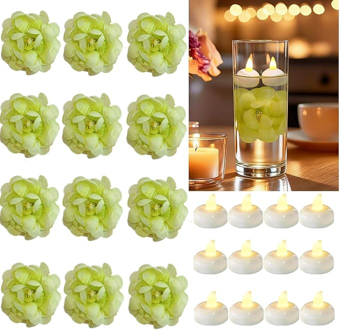 24 Pack Flameless Floating Candles and Floating Artificial FlowerLed Battery Operated Waterproof Tea Lights for Cylinder Vases Centerpieces at Wedding, Party, Pool Decor