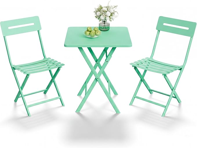 GarveeTech 3-Piece Folding Bistro Set, Heavy Duty Outdoor Patio Furniture with 2 Chairs & 1 Table, Weather-Resistant Steel Frame, No Assembly Required for Garden, Yard, Balcony,Green