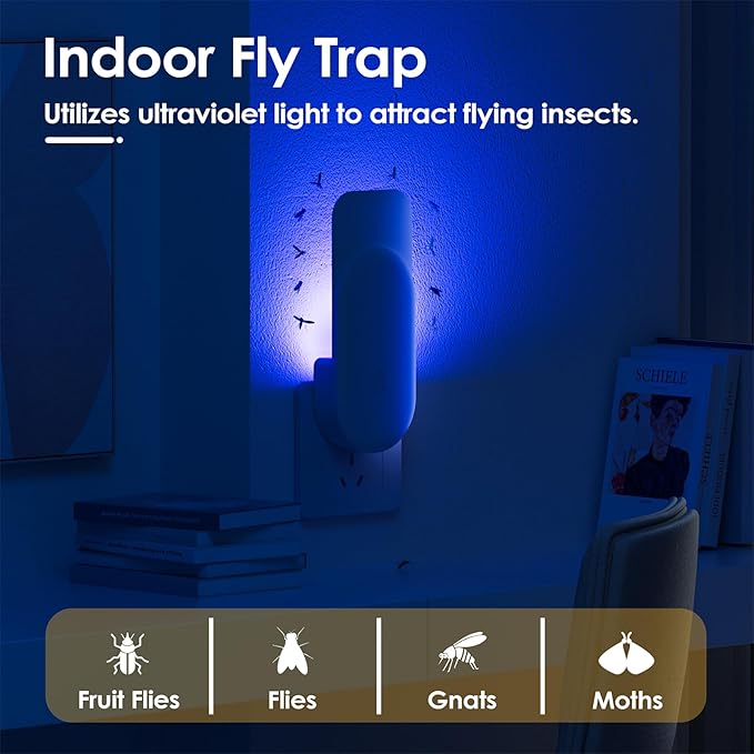 TIENBE Flying Insect Trap, 2 in 1 Indoor Plug-in Fruit Fly Trap, 2 Trap White and 12 Glue Cards, Fruit Fly Traps for Gnat, Moth, Mosquito, Suitable for Every Part of The Home