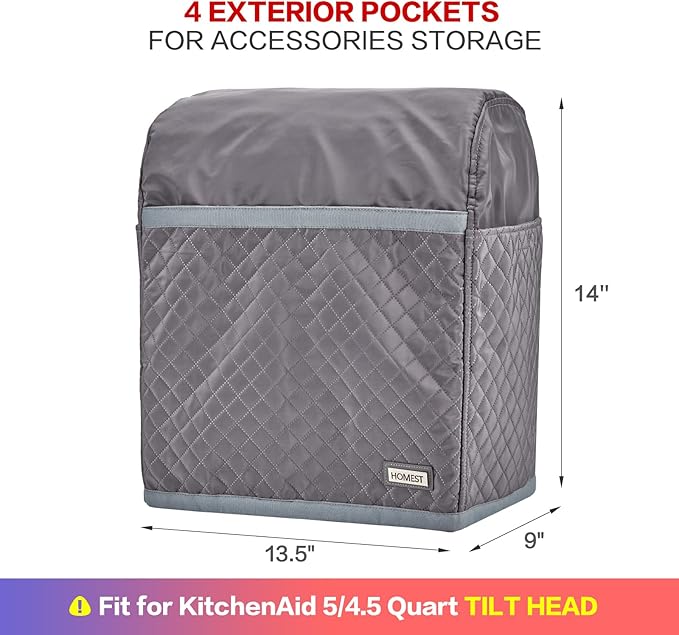 HOMEST Stand Mixer Quilted Dust Cover with Pockets Compatible with KitchenAid 5/4.5 Quart Tilt Head, Grey (Patent Design)