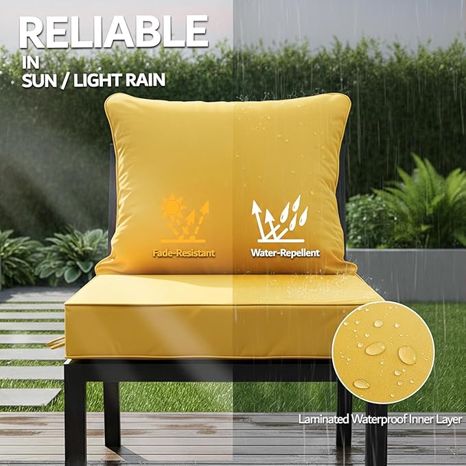 24x24 Inch Outdoor Chair Cushions Set of 4, Patio Furniture Cushions - Removable Cover, Water-Repellent, Fade-Resistant, Non-Slip Bottom & Straps, Replacement for Deep Seat Sofa & Couch - Yellow