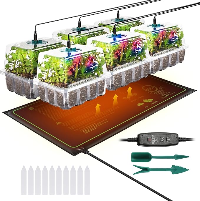 Adawook Clear Seed Starter Trays with Grow Lights & Heat Mat, 72 Cells Seed Starter Kit, 3 Lighting Mode, 4 Timing, Germination Kit with Humidity Control Domes, Gardening Gifts Plant Grow Kit