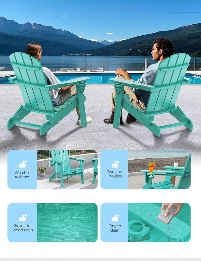 Folding Adirondack Chair Set of 6, Wooden Textured Plastic Adirondack Chairs with 2 Cup Holder, Weather Resistant HDPE Fire Pit Chair, Outdoor Patio Chairs for Garden, Backyard, Lawn, Deck, Lake Blue