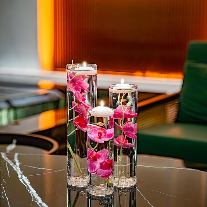 Floating Flower for Table Centerpiece Artificial Light Purple Orchid Glass Cylinder Vase Set with Floating Candles Fake Ice Cubes for Wedding Party Home Bar Restaurant Festival Decoration