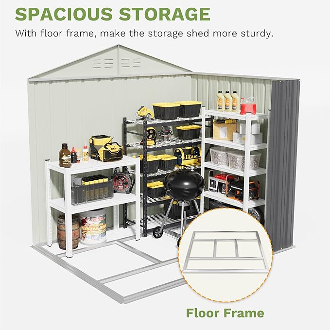 Patiowell 6x4 FT Outdoor Storage Shed with Floor Frame, Metal Garden Patio Sheds with Sloping Roof and Lockable Door, Waterproof Steel Tool Shed for Backyard Garden Lawn, Gray