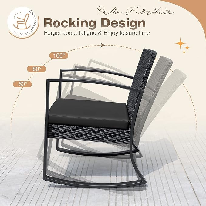 Greesum 3 Pieces Outdoor Furniture Set Patio Bistro Rocking Chairs with Glass Coffee Table for Pool Beach Backyard Balcony Porch Deck Garden, Dark Black