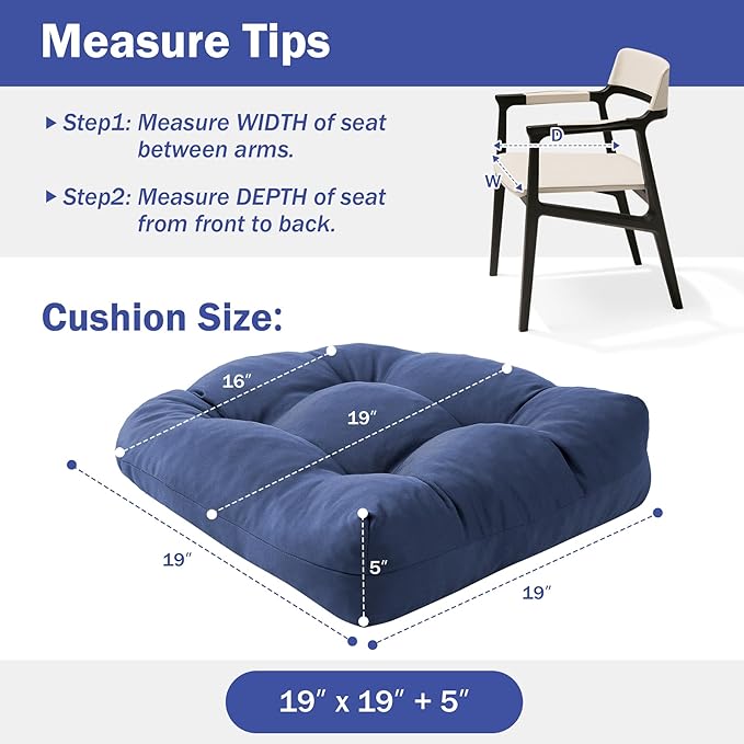 IPYNBAP Outdoor Chair Cushions Set of 2, Patio Chair Cushions with Ties, 19x19+5” Tufted Outdoor Seat Cushions, Waterproof Patio Furniture Cushions, Outdoor Dining Chair Pads, Navy (Pack of 2)