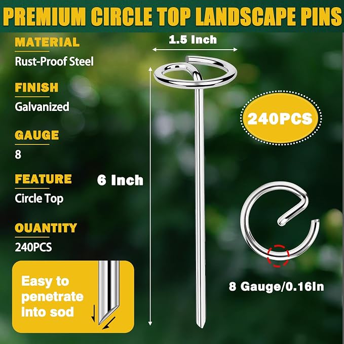 240 PCS Landscape Fabric Staples Pins,Thickened 8 Gauge Circle Top Landscape Fabric Stakes, 6 inch Galvanized Weed Barrier Stakes Pins with Removal Tool, Garden Staples for Weed Barrier Fabric
