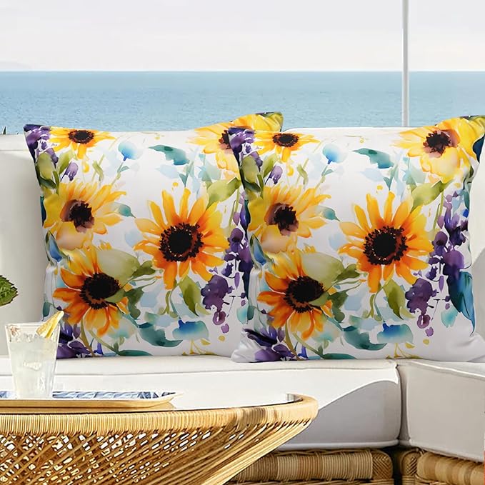 Pack of 2 Waterproof Outdoor Pillow Covers 18x18 Inch Spring Summer Sunflower Pillow Covers Decorative Square Patio Pillows Outdoor Pillows Covers for Patio Furniture Garden(No Pillow Insert)