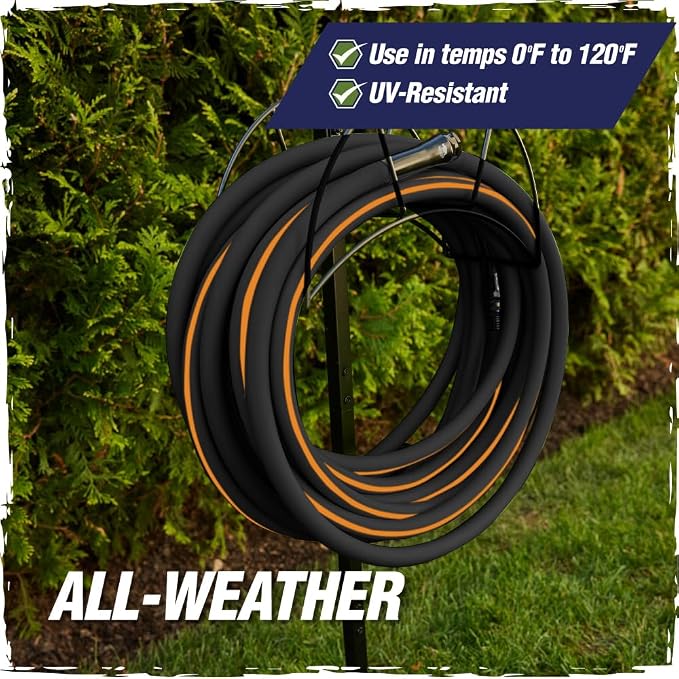 RUGGED RHINO Heavy Duty Garden Hose 25ft x 5/8in, Anti-Kink and Leakproof, Durable 4-Layer Construction, 500 PSI Burst, All Weather Outdoor Watering for Lawn, Garden, Flowers, Black and Orange