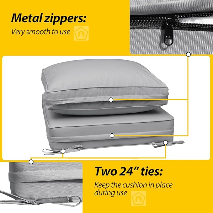AAAAAcessories Outdoor Deep Seat Cushions with Double Welted Pillow, Waterproof, Fade-Resistant Patio Furniture Replacement Cushions, 24" x 24" x 5" + 24" x 19", Gray