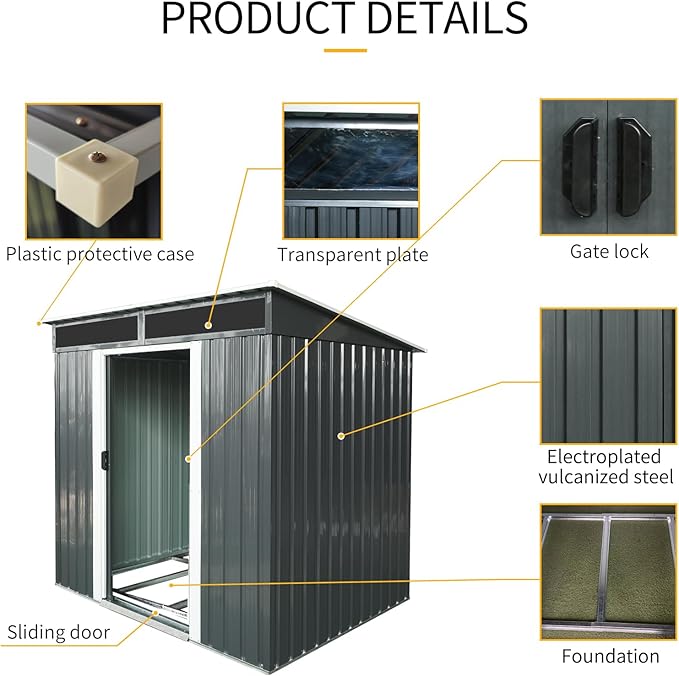 6FT x 5FT Outdoor Storage Shed, Heavy Duty Galvanized Steel Garden Shed with Sloped Roof, Sliding Lockable Doors, Punched Vents & Foundation Kit, Weather Resistant Tool Shed for Backyard, Black+White