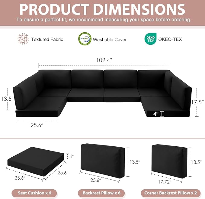 14-Piece Patio Furniture Cushions Set, Replacement Outdoor Cushions for 6-Seat Patio Sectional, Waterproof & Fade Resistant Deep Seat Cushion for Outdoor Sofa, Black