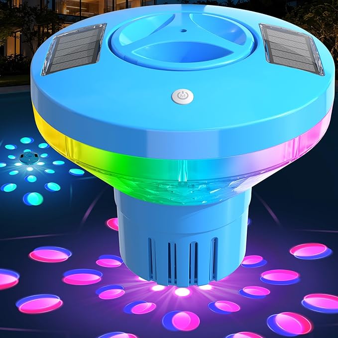 ChlorBlu Solar Chlorine Floater,Chlorine Floater with Colorful Lights,Large Capacity Floating Chlorine Dispenser for Pool,7.6" Pool Chlorine Floater,Button Control Chlorine Floater for Hot Tub(Blue)