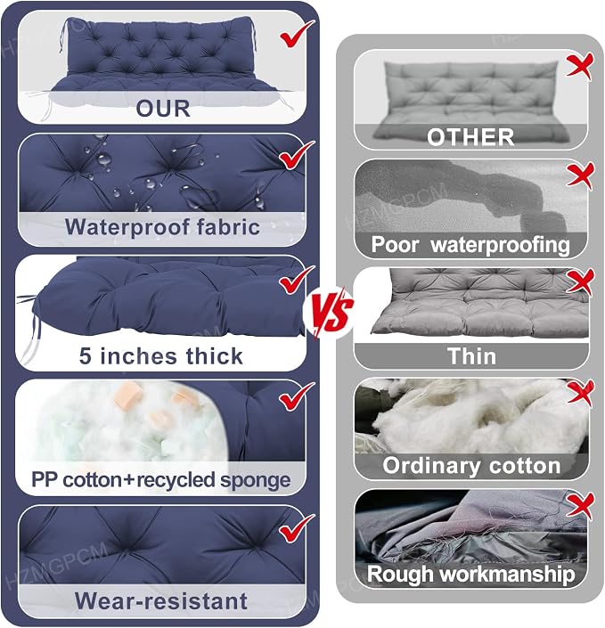 Extra Thick 5" Waterproof Porch Swing Cushions Outdoor 60 inch Swing Cushions 3 Seater Replacement with Backrest and Ties for Outdoor Furniture Patio Bench Garden(Navy Blue)