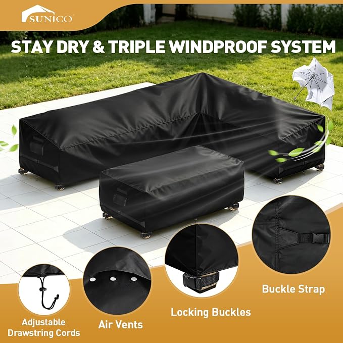 Outdoor 2PCS Patio Furniture Set Covers, 420D Patio L-shaped Sofa Cover and Table Cover Waterproof, Fit 6-Seater Outdoor Sectional Furniture Couch and Tables, Triple Windproof and Anti-UV, Black