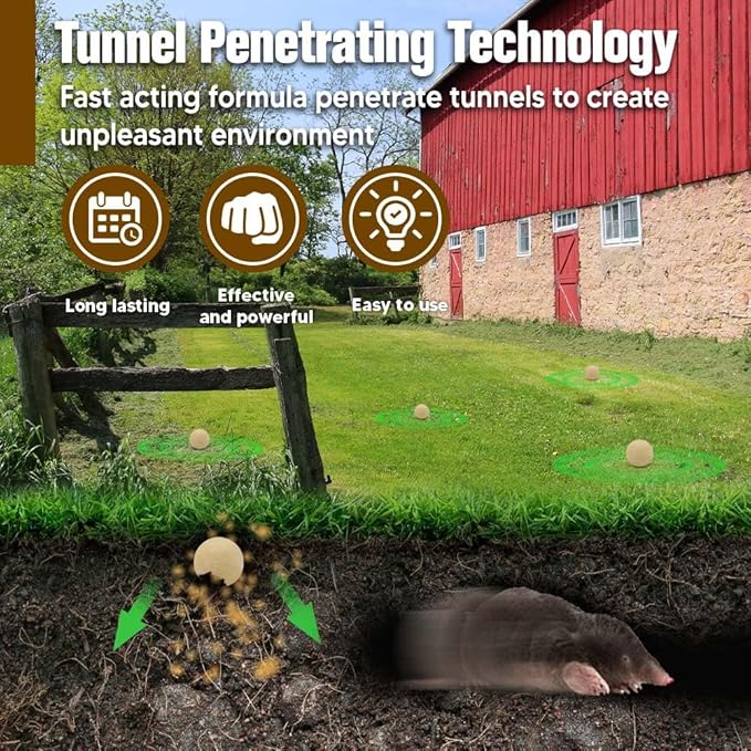 Mole Repellent for Lawns, Gopher Repellent, Vole & Groundhog Repellent Outdoor, Armadillo Repellent, Mole Deterrent for Yard, Lasts Up to 3 Months, 12 Balls