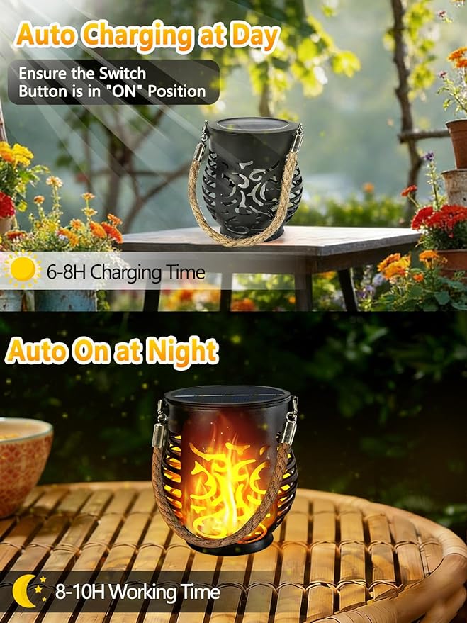 6 Pack Solar Lights Outdoor Waterproof, Solar Lantern with Realistic Flickering Flame, Auto On/Off Solar Powered Garden Light with Hemp Rope Handle for Outside Tree Patio Porch Camp Tabletop Decor