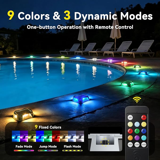 AGPTEK Remote Control Outdoor Solar Driveway Lights 12 Pack, RGB Multi-Colors & Modes Waterproof Color Changing Solar Powered Decorative Marker Security Lights for Garden, Deck, Dock, Step, Sidewalk