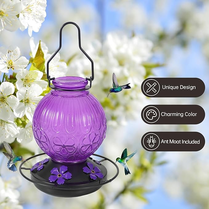 Glass Hummingbird Feeders for Outdoors Hanging, 23Oz Humming Bird Nectar Feeders with Perch, 5 Flower Feeding Ports, Leak Proof Base and Hook for Garden Decor, Gifts for Mom Women (Purple)