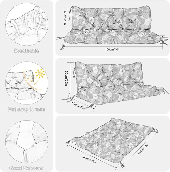 Porch Swing Cushions Outdoor 40 inch x 40 Waterproof Swing Cushions 3 Seater Replacement with Backrest & 8 Ties 5" Thick Bench Swing Cushions for Outdoor Furniture Patio(Tropical Flowers)