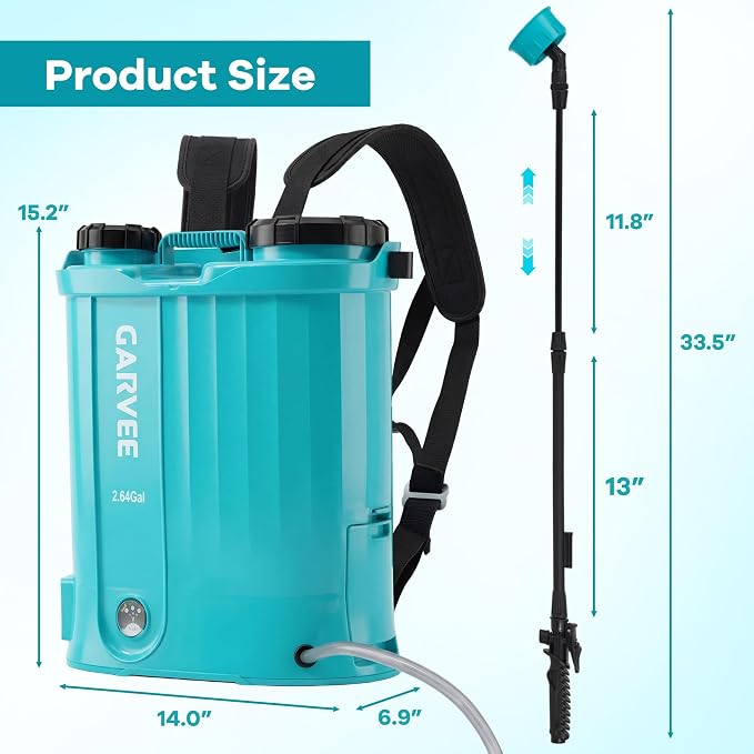 2.64 Gallon Battery Powered Backpack Sprayer, 0-65 PSI Adjustable Pressure, Electric Sprayer with 5 Nozzles and 1 Wands, 18V 2Ah Battery, Wide Mouth Lid for Weeding, Spraying