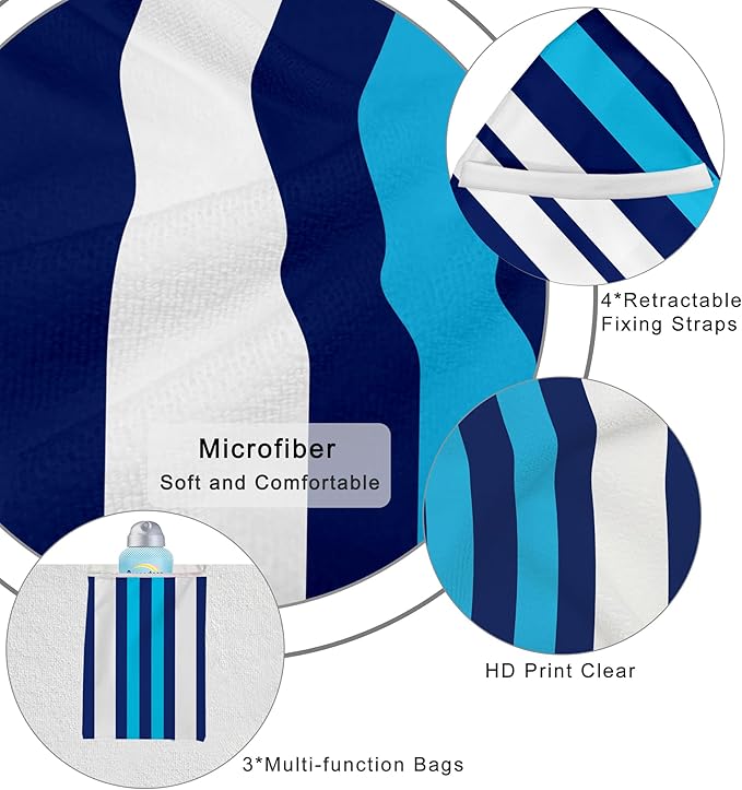 Lounge Chair Towel Cover, Beach Chair Covers (Pack of 2), Chaise Lounge Cover with 3 Pockets for Pool Beach Garden Courtyard Outdoor Trips, 85 x30 in,Striped Dark Blue White & Sky Blue
