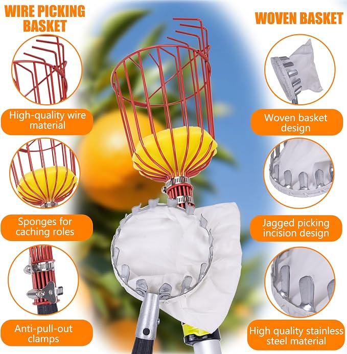 WodGod 13FT Telescopic Fruit Picker with Wire Basket and Bag Basket,Adjustable Fruit Picker Pole with Basket Telescoping,4-13FT Fruit Picker Pole,Suitable for Picking Apples,Mangoes,Plums and Others