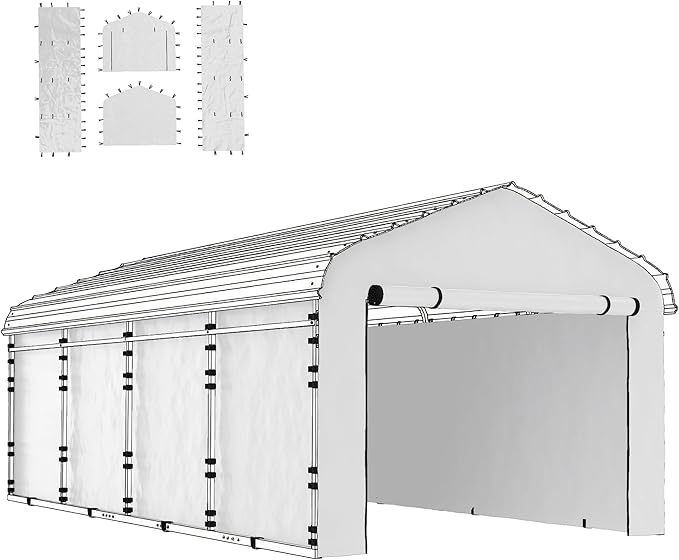Outsunny Carport Replacement Sidewall Panels Set of 4 for 10' x 15' Carports, UPF50+ Waterproof PE Tarp Replacement Side Wall Cover with Zipper Door, Top Cover and Frame Not Included, White