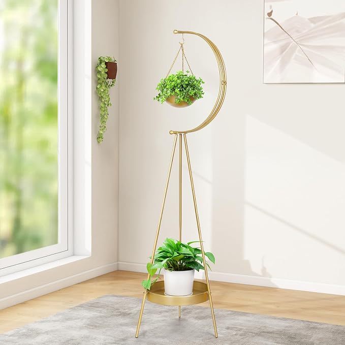 airogym Metal Plant Stand, Plant Holder for Indoor Outdoor, Multifunctional Iron Flower Pots Rack, Modern Planter Display Shelf, Hanging Planters for Garden Living Room Decor Corner Balcony (Golden)