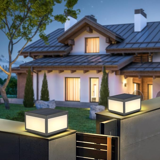 Solar Post Lights Outdoor Pillar Light,Solar Cap Column Lighting LED Square Deck Cap Lamp for Flat Surface Patio Garden Decoration, Stainless Steel Lamp Post Dusk to Dawn with IP65 Waterproof（10"x10"）