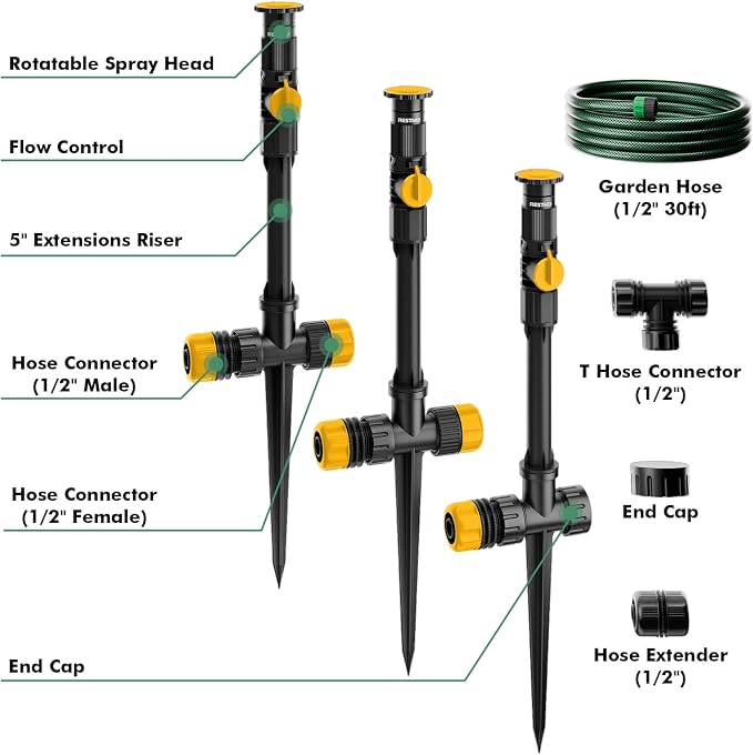 RESTMO Above Ground Sprinkler System,Irrigation Sprinklers for Yard,Yellow | DIY Flexible Metal Spike Sprinkler, Tool-Free, Adjustable Angle/Flow, 3 Sprinklers & 30ft Hose, Ideal for Plants & Gardens
