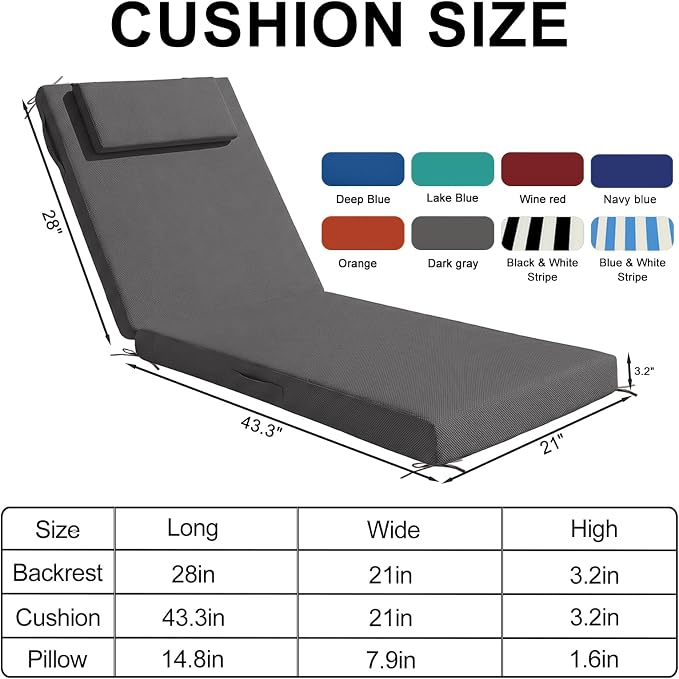 Outdoor Chaise Lounge Cushions, 72x21 Inch Olefin Water & Fade Resistant Pool Lounge Chair Cushions, Patio Sun Lounger Pad with Pillow & Straps for Patio, Pool, Deck, Lawn, Dark Gray