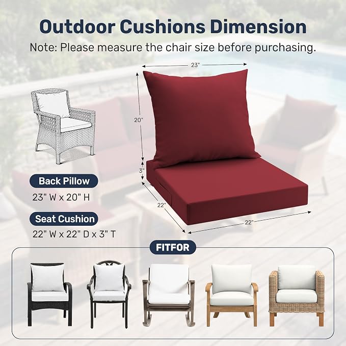 UNIKOME Outdoor Seat Cushions 22 X 22 Inch - Water-Resistant & Fade Resistant, Removable Cover Patio Furniture Cushions for Chair, Sofa, Couch, Wicker, Wine Red