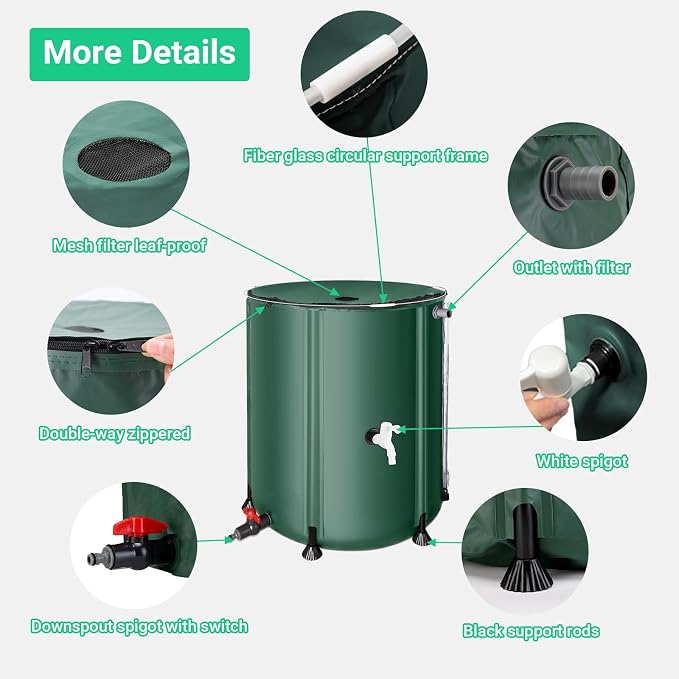 FAMIROSA 50 Gallon / 200L Collapsible Rain Barrel, Foldable PVC Rain Barrels to Collect Rainwater from Gutter, Portable Water Storage Tank Container with Spigot, Water Catcher Collector Green