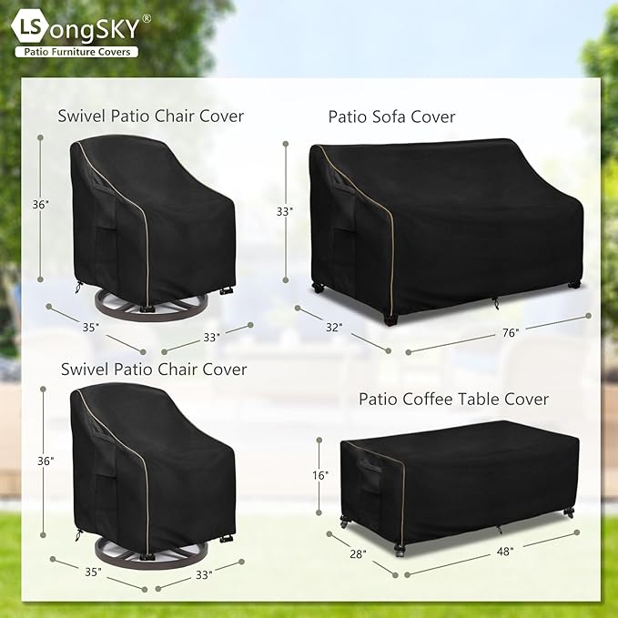 Patio Furniture Covers 4 Piece Set, 600D Heavy Duty Outdoor Furniture Covers Waterproof for Patio 3-Seater Sofa,Swivel Rocker Chair and Coffee Table Furniture Set,Black