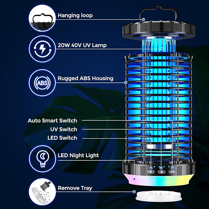CreateFun Bug Zapper Outdoor, 2026 Upgraded 3 in 1 Rechargeable Bug Zapper with 5000mAh Battery & LED Night Light, 4000V Cordless Waterproof Mosquito Zapper for Outside,Patio,Backyard,Garden Black 0