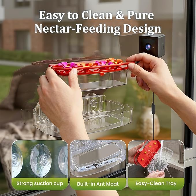 2K Smart Window Hummingbird Feeder Camera with AI Identify, Auto-Capture Fast Moments, IP65 Waterproof & Ant Moat, Strong Suction for Apartment/Cat TV, Best Gift for Bird Lovers