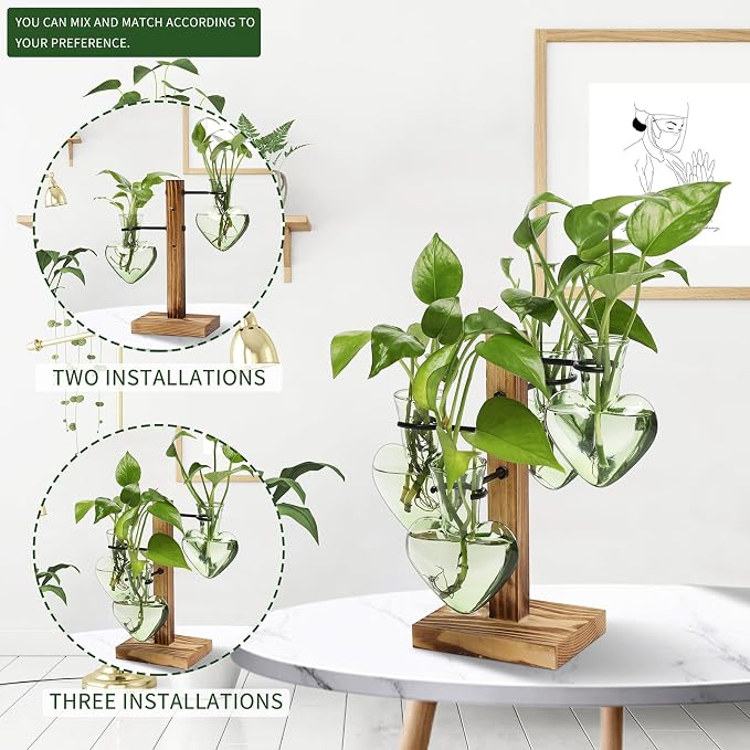 Plant Terrarium Propagation Stations with Wooden Stand | Glass Vase for Indoor Hydroponics Home Garden Office Decoration Gift for Women - 4 Love Bulb Vase