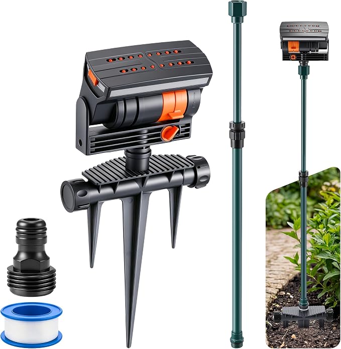 Oscillating Sprinkler with Adjustable Aluminum Riser, 4 Way Lawn Sprinklers for Yard and Garden, 16 Nozzles, Cover up to 4.069 sq. ft Ideal for Watering Different Heights (Spike)