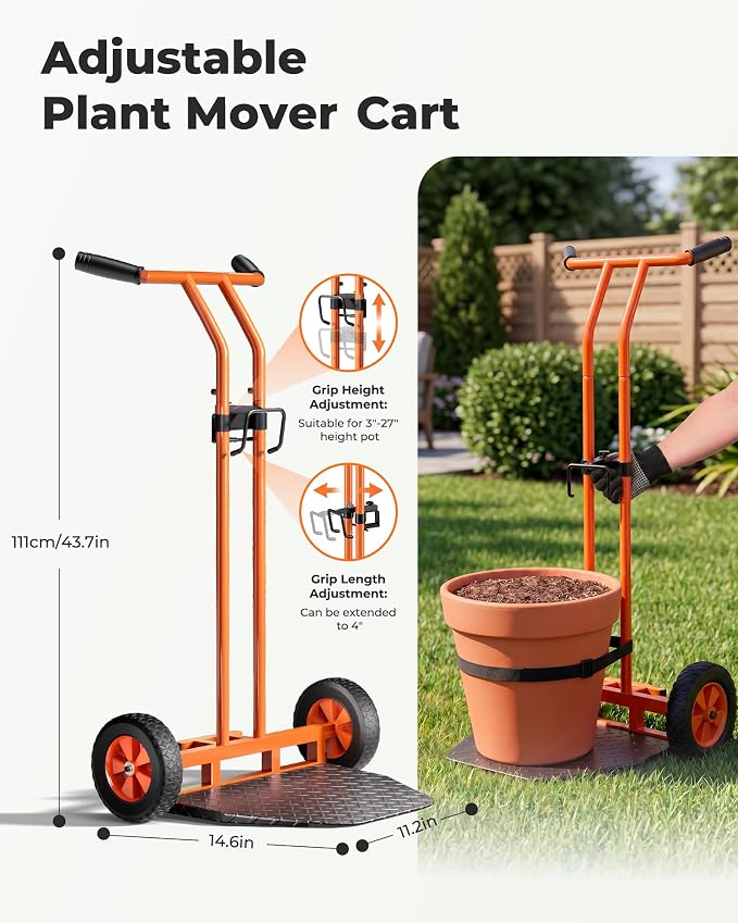 Plant Caddy with Wheels, 200 lbs Heavy Duty Plant Dolly, Ergonomic Handle & Adjustable Pot Gripper for Senior Gardeners, All-Terrain Planter Mover for Home, Garden, Yard, Flower Shops, Outdoor, Qrange