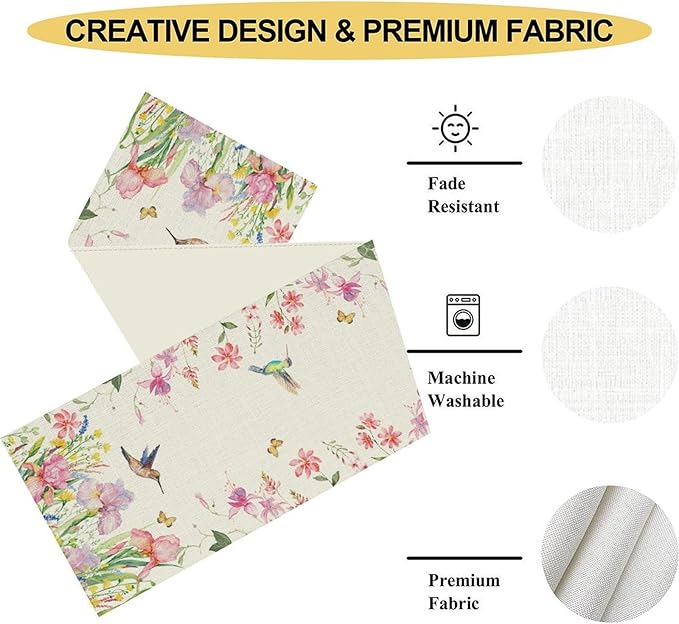 Floral Birds Table Runner, Rustic Boho Wildfloral Watercolor Butterfly Hummingbird Spring Seasonal Coffee Table Center Decor for Family Kitchen and Dining Farmhouse Party Table Decorations, 13"x72"