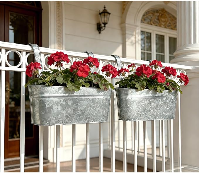 Balcony Galvanized Hanging Planters Railing Flower Pots, Outdoor Metal Fence Planter Pot with Detachable Hooks Drain Hole for Garden Patio Yard Decor (17 Inch, 8Pcs)