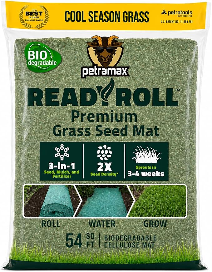 Petramax ReadyRoll Biodegradable Grass Seed Mat for Lawn (54 ft.) - All Year Green 3-in-1 Tall Fescue & Kentucky Grass Seed Rolls w/Mulch & Fertilizer - Lawn Repair Patch - Just Roll, Water, Grow