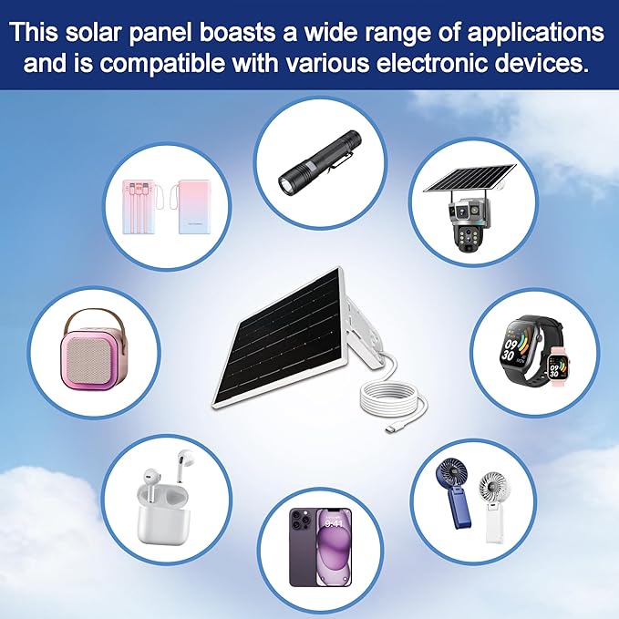Eco-friendly 3W 5V Monocrystalline Solar Panel, Type-C Interface, IP66 Waterproof, 6.5-foot Cable, High Conversion Rate, Compatible with Various Electronic Devices
