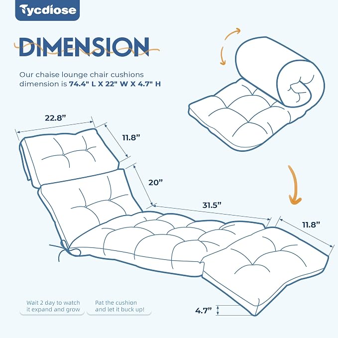 Chaise Lounge Cushions Outdoor Set of 2, 74.4 x 22 x 4.7 Inch Thickened Lounge Chair Cushions Waterproof for Outdoor Furniture with Ties, Non-Slip Patio Pool Chaise Lounge Cushion, Royal Blue