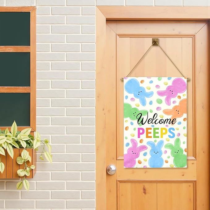 Welcome Peeps Easter Garden Flag 28x40 Inch Large Outdoor Spring Double Sided Bunny Egg House Banners Colorful Porch Garden Flag Holiday Home Flags Decor Durable Seasonal Welcome Sign